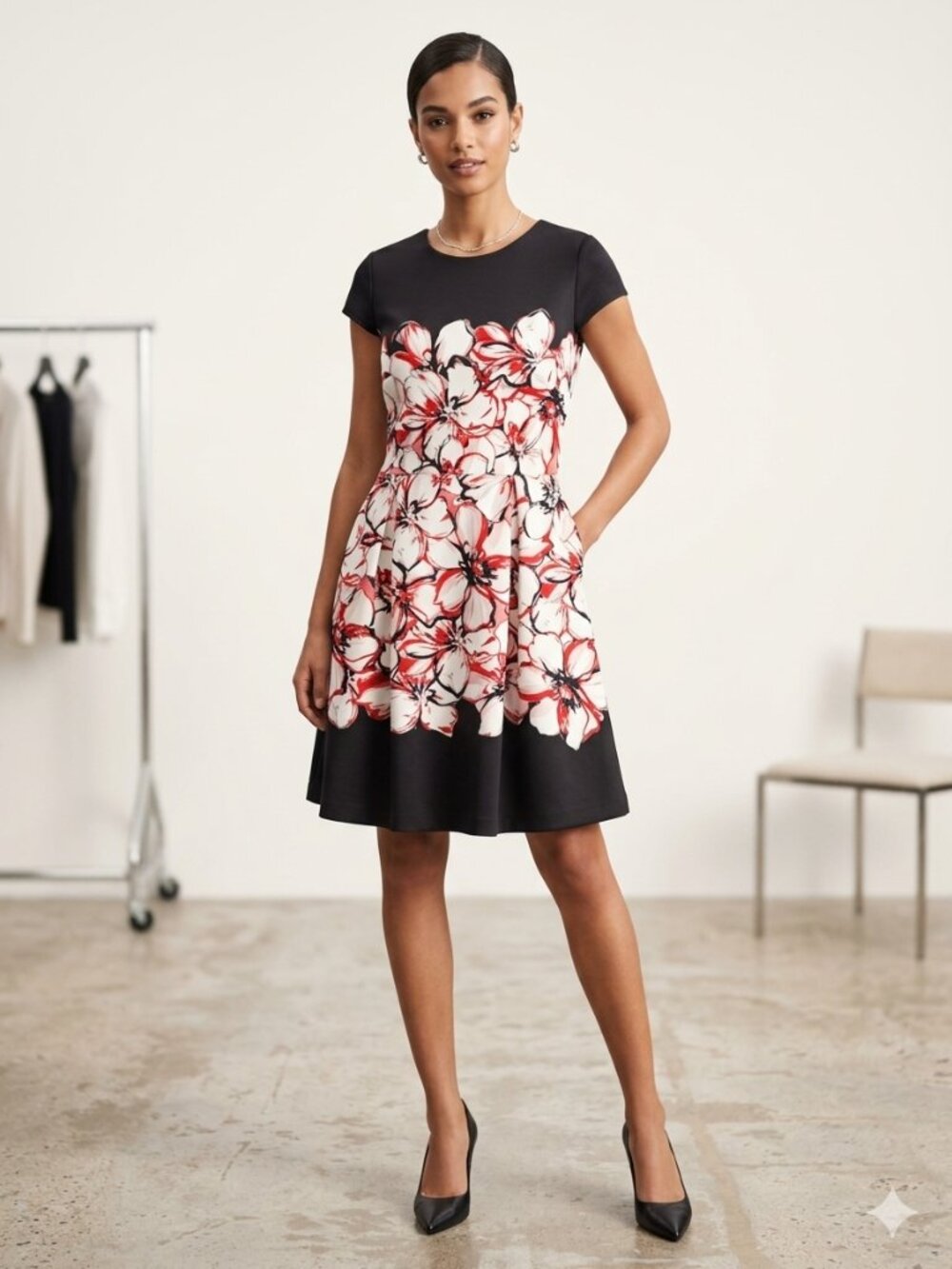 R&K Black Red Floral Scuba Fit & Flare Dress